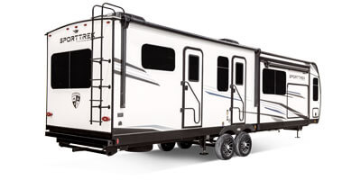 2026 Venture RV SportTrek Touring Edition STT333VMI Travel Trailer Exterior Rear 3-4 Door Side