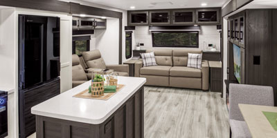 2026 Venture RV SportTrek Touring Edition STT333VMI Travel Trailer Kitchen and Living Room