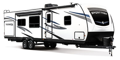 2023 Venture RV SportTrek ST327VIK Travel Trailer Exterior Front 3-4 Door Side