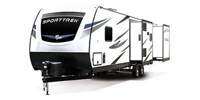 2023 Venture RV SportTrek ST327VIK Travel Trailer Exterior Front 3-4 Off Door Side with Slide Out