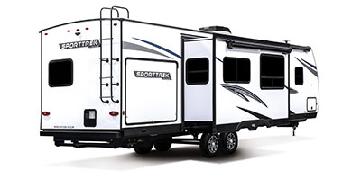 2023 Venture RV SportTrek ST327VIK Travel Trailer Exterior Rear 3-4 Door Side with Slide Out