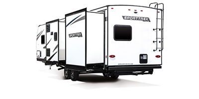 2023 Venture RV SportTrek ST327VIK Travel Trailer Exterior Rear 3-4 Off Door Side with Slide Out