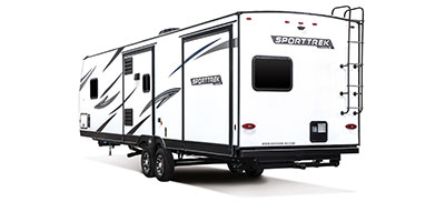 2023 Venture RV SportTrek ST327VIK Travel Trailer Exterior Rear 3-4 Off Door Side