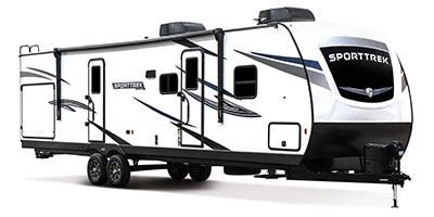 2023 Venture RV SportTrek ST332VBH Travel Trailer Exterior Front 3-4 Door Side
