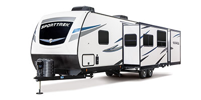 2024 Venture RV SportTrek ST333VIK Travel Trailer Exterior Front 3-4 Off Door Side with Slides Out
