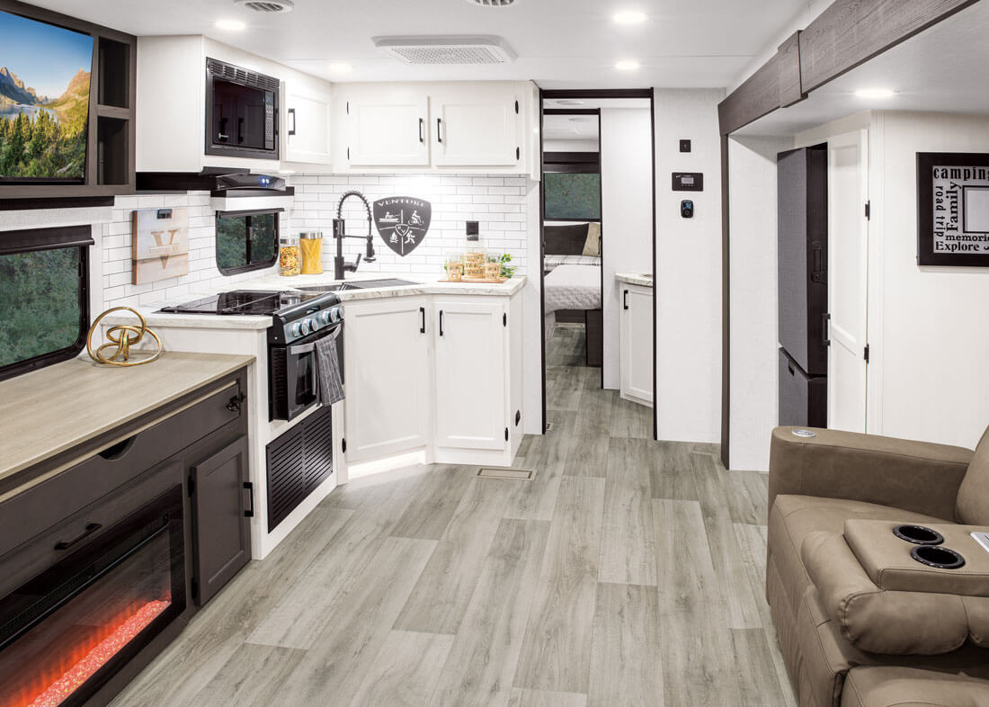 2026 Venture RV Stratus SR282VFD Travel Trailer Living Room and Kitchen