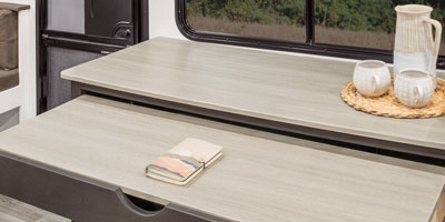 2026 Venture RV Stratus SR282VFD Desk Option Travel Trailer Entertainment Center Open