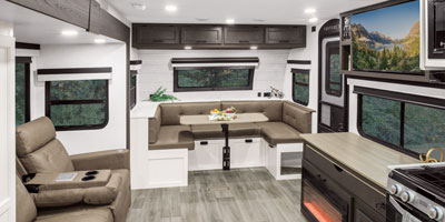 2026 Venture RV Stratus SR282VFD Desk Option Travel Trailer Living Room and Dinette