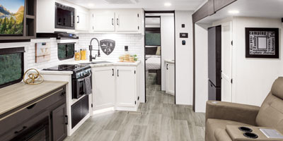 2026 Venture RV Stratus SR282VFD Desk Option Travel Trailer Living Room and Kitchen