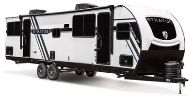 2026 Venture RV Stratus SR282VFD Travel Trailer Arctic White Exterior Front 3-4 Door Side