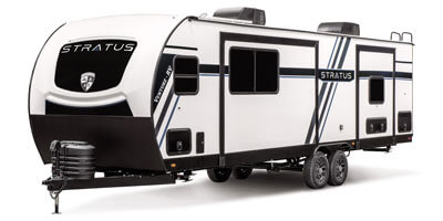 2026 Venture RV Stratus SR282VFD Travel Trailer Arctic White Exterior Front 3-4 Off Door Side