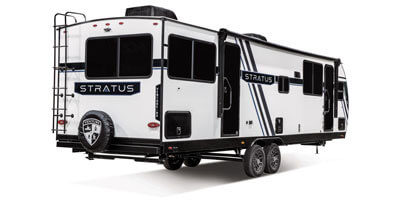 2026 Venture RV Stratus SR282VFD Travel Trailer Arctic White Exterior Rear 3-4 Door Side