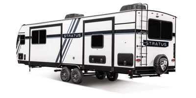 2026 Venture RV Stratus SR282VFD Travel Trailer Arctic White Exterior Rear 3-4 Off Door Side