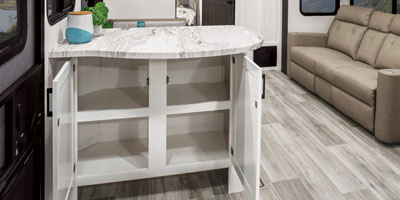 2026 Venture RV Stratus SR302VBH Travel Trailer Dinette Counter Cabinets Open