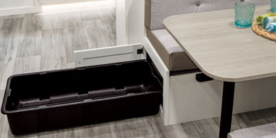 2026 Venture RV Stratus SR302VBH Travel Trailer Dinette Storage Out