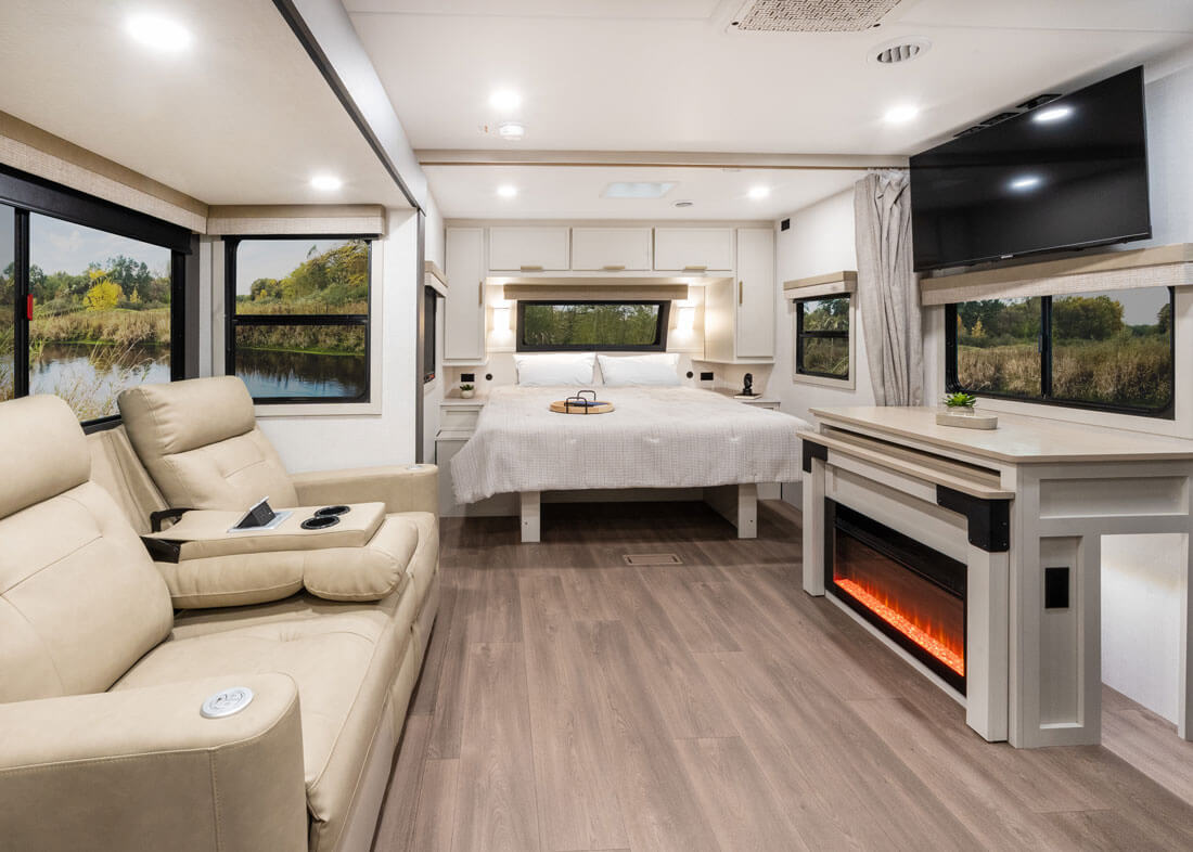 2027 Venture RV Stratus SR231VRK Ultra Lite Travel Trailer Living Room and Bed